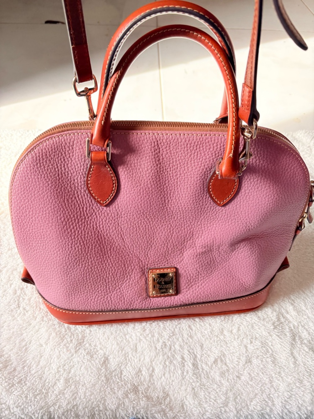 Dooney & Bourke Light Lavender Pebble Leather Satchel with Tan Trim